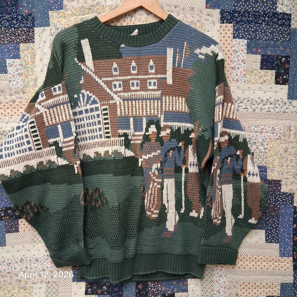 Vintage Crossings Golf Knit AOP Sweater Size 46 Country Club All Over Print
